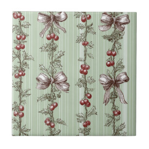 Vintage Sage Green Holly Berry Ribbon Christmas Tile