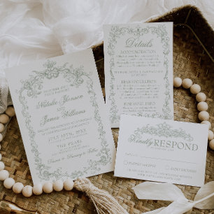 Vintage Sage Green Old Money Classy Wedding Invitation