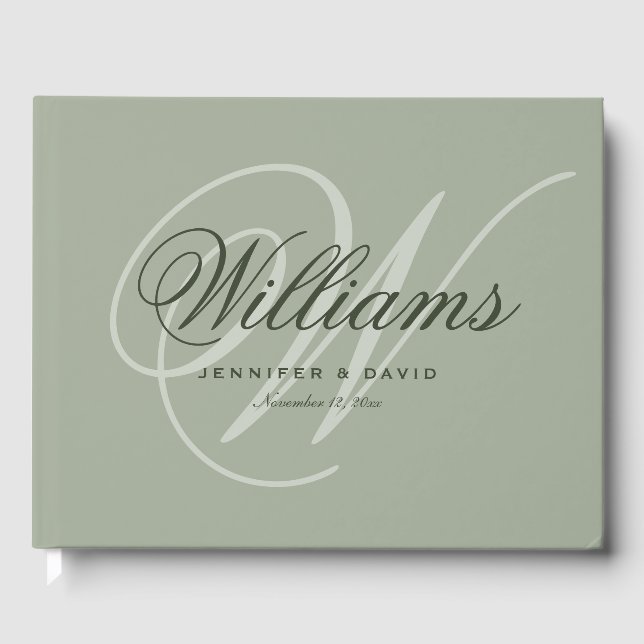 Vintage Sage Green Script Monogram Wedding Guest Book (Front)