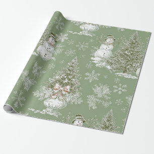 Vintage Sage Green Snowman Christmas Toile Wrapping Paper