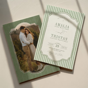 Vintage Sage Green Stripe Wedding Photo Invitation