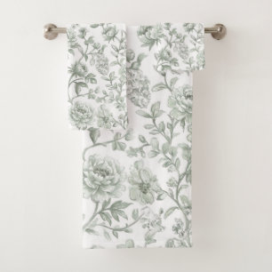 Vintage Sage Green Toile-De-Jouy Watercolor Floral Bath Towel Set