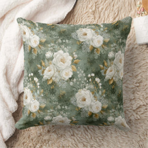Vintage Sage Green Watercolor Rose Floral Throw Pillow