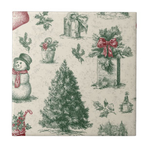 Vintage Sage Green Winter Toile Christmas (1) Tile