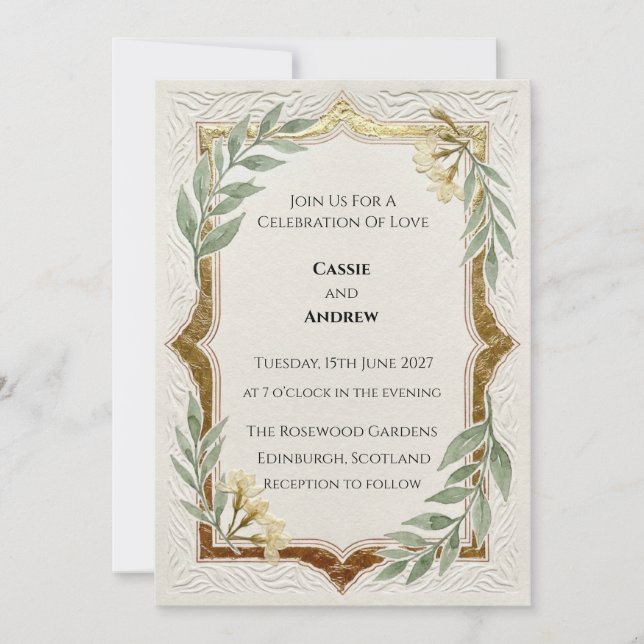 Vintage Sage Greenery Gold Wedding Invitation (Front)