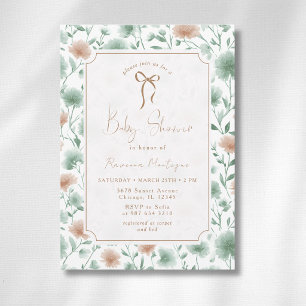 Vintage Sage Peach Wildflowers Bow Baby Shower Invitation