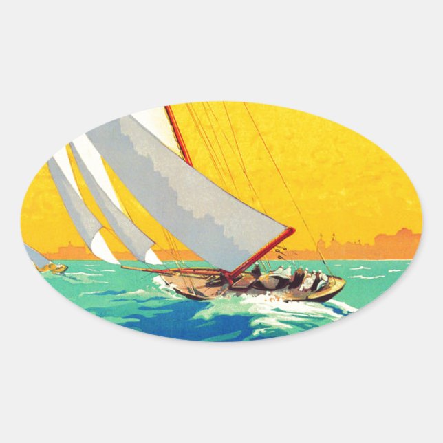 Vintage Sail Boats French Travel Oval Sticker (Front)