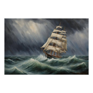 Vintage Sail Ship in the Stormy Ocean Illustration Poster