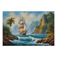 Vintage Sail Ship near Tropical Island