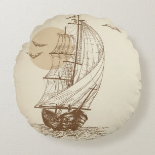 Vintage sailboat round pillow