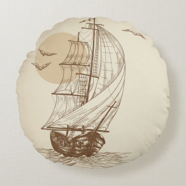 Vintage sailboat round pillow (Front)