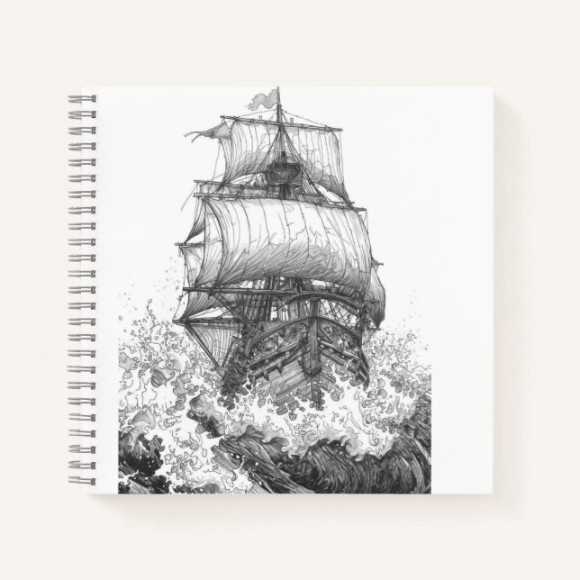 Vintage Sailboat Sketch Monochrome Notebook (Front)