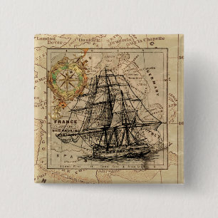 Vintage Sailing Ship and Old European Map 2 Inch Square Button