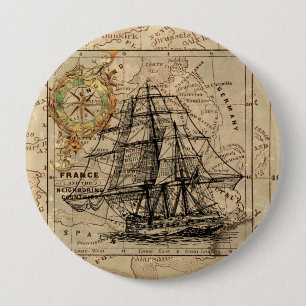 Vintage Sailing Ship and Old European Map 4 Inch Round Button