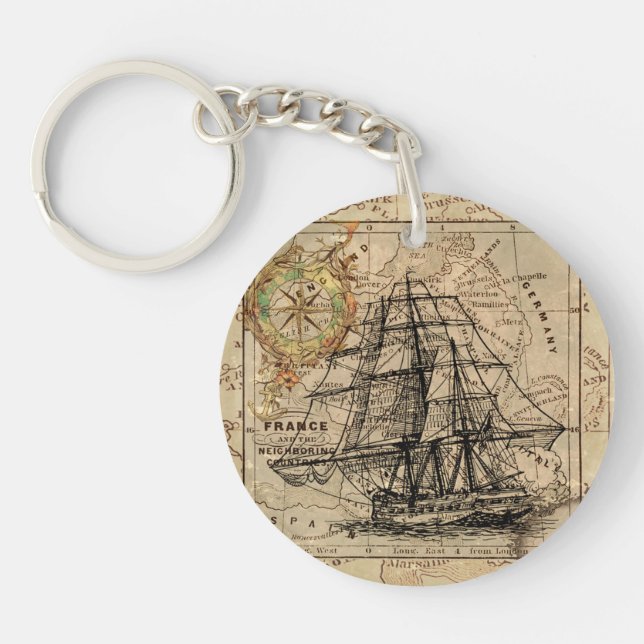 Vintage Sailing Ship and Old European Map Keychain (Front)