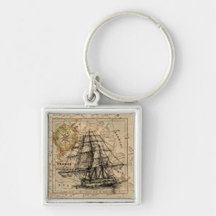 Vintage Sailing Ship and Old European Map Keychain