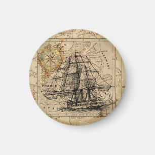 Vintage Sailing Ship and Old European Map Magnet