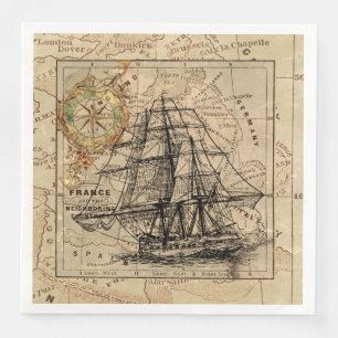 Vintage Sailing Ship and Old European Map Napkin