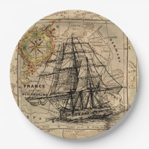 Vintage Sailing Ship and Old European Map Paper Plate