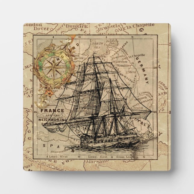 Vintage Sailing Ship and Old European Map Plaque (Front)