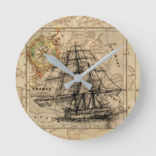 Vintage Sailing Ship and Old European Map Round Clock