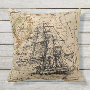 Vintage Sailing Ship and Old European Map Throw Pillow