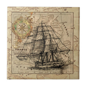 Vintage Sailing Ship and Old European Map Tile