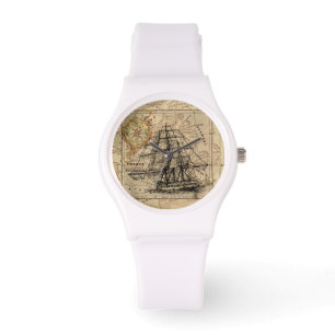 Vintage Sailing Ship and Old European Map Watch