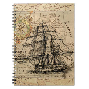 Vintage Sailing Ship and Old European Notebook