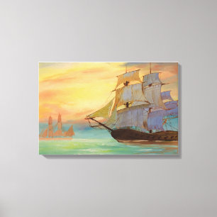 Vintage Sailing Ship at Sunset Nautical Wall Art
