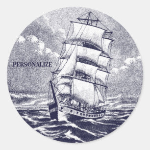 Vintage Sailing Ship Drawing Navy Black Coastal Classic Round Sticker