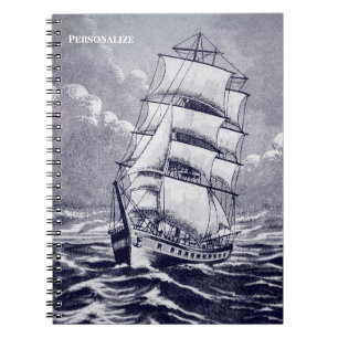 Vintage Sailing Ship Drawing Navy Black Coastal Notebook