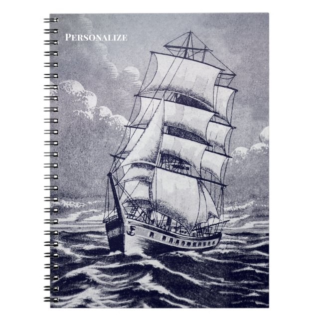 Vintage Sailing Ship Drawing Navy Black Coastal Notebook (Front)