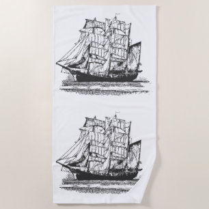 Vintage Sailing Ship Line Drawing Sailboat Beach Towel