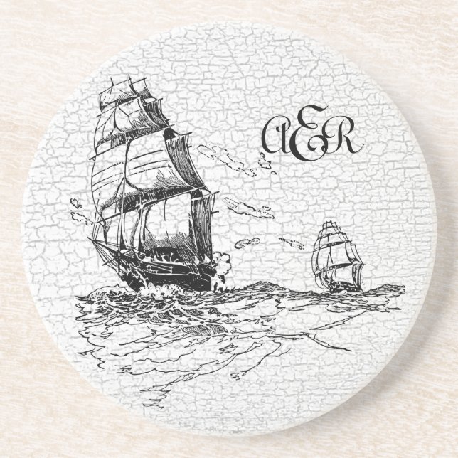 Vintage Sailing Ships Personalized Crackled Coaster (Front)