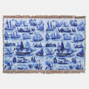 VINTAGE SAILING VESSELS,SHIPS,Navy Blue Nautical Throw Blanket