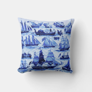 VINTAGE SAILING VESSELS,SHIPS,Navy Blue Nautical Throw Pillow