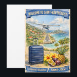 Vintage Saint-Barthélemy Airport / Invitation<br><div class="desc">Celebrate the iconic arrival at Saint-Barthélemy with this vintage-style travel poster depicting the legendary Saint-Jean airport landing. The artwork features a plane approaching the runway over lush hills and blue waters, framed by travel essentials like a suitcase, pineapple, and passion fruit. Perfect for aviation enthusiasts and lovers of the French...</div>
