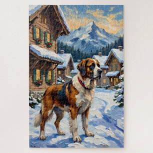 Vintage Saint Bernard Alpine Christmas Painting Jigsaw Puzzle