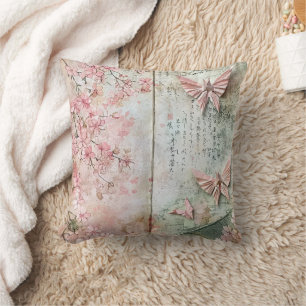 Vintage Sakura Butterfly Collage Throw Pillow