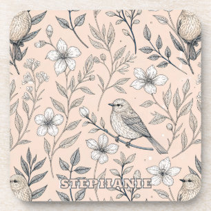Vintage Sakura Cherry Blossom & Bird  Aesthetic 3 Coaster