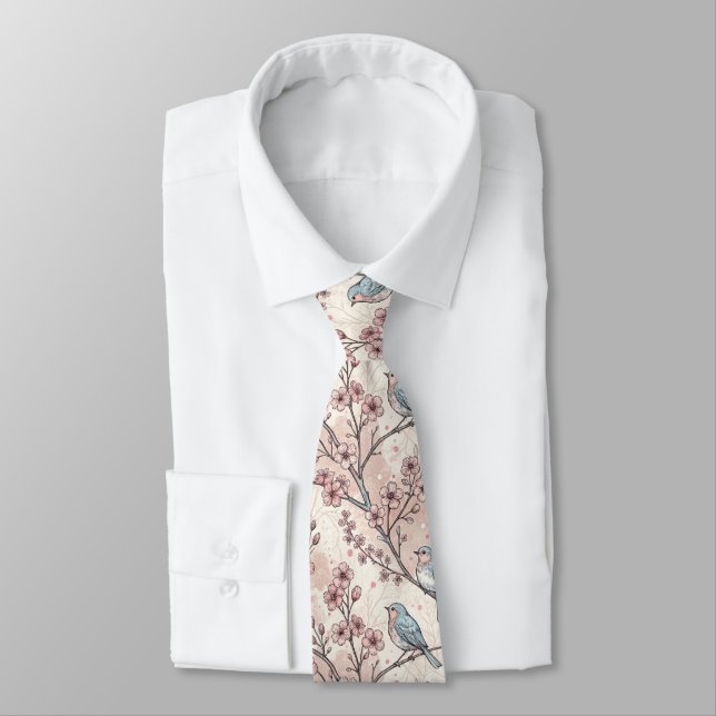 Vintage Sakura Cherry Blossom & Bird  Aesthetic 5 Tie (Tied)