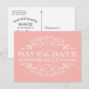 Vintage Salmon Pink Flourish Wedding Save the Date Announcement Postcard