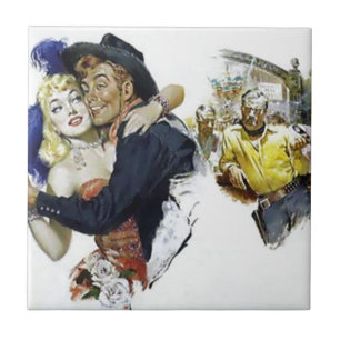 Vintage Saloon Girl Cowboy Bar Dance Fun poster Tile