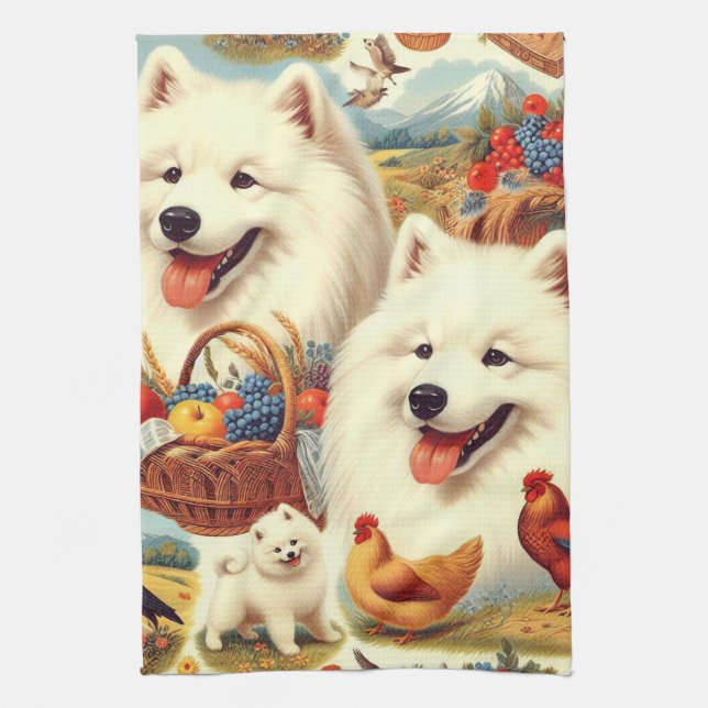 Vintage Samoyed Dog Illustration Kitchen Towel (Vertical)
