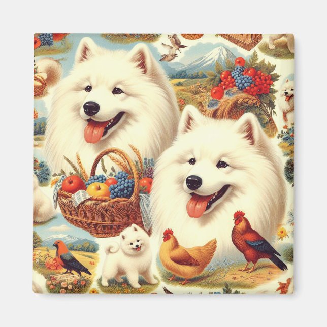 Vintage Samoyed Dog Illustration Magnet (Front)