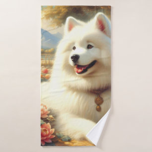 Vintage Samoyed Dog Painting Bath Towel