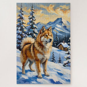 Vintage Samoyed in Alpine Christmas Landscape Jigsaw Puzzle