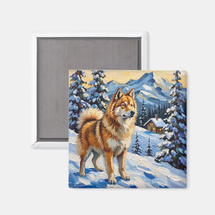 Vintage Samoyed in Alpine Christmas Landscape Magnet