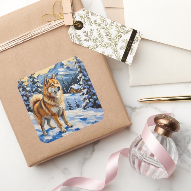 Vintage Samoyed in Alpine Christmas Landscape Square Sticker (Gifting)